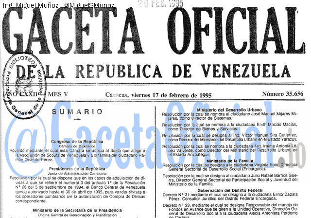 Gaceta Oficial 35656 del 17 Febrero 1995