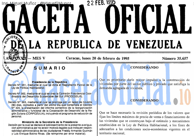 Gaceta Oficial 35657 del 20 Febrero 1995