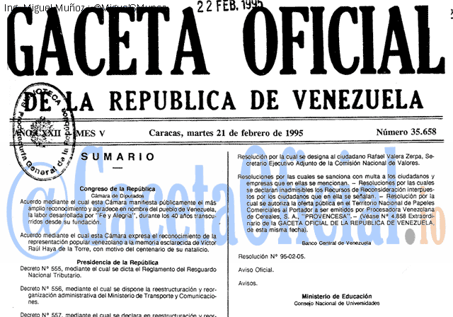Gaceta Oficial 35658 del 21 Febrero 1995