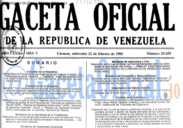 Gaceta Oficial 35659 del 22 Febrero 1995