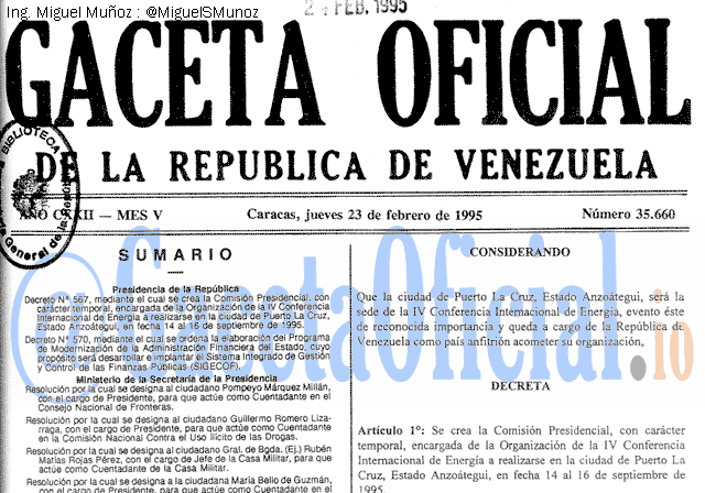 Gaceta Oficial 35660 del 23 Febrero 1995