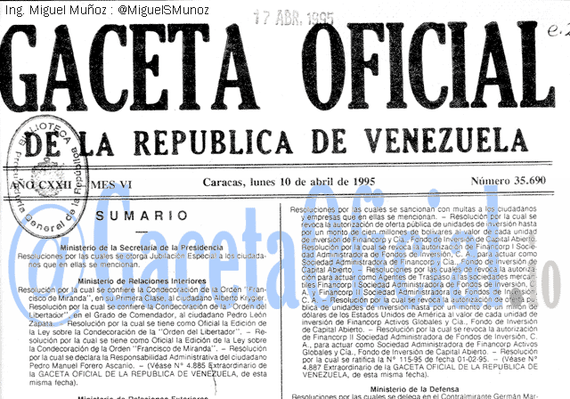 Gaceta Oficial 35690 del 10 Abril 1995