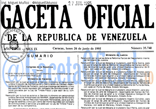 Gaceta Oficial 35740 del 26 Junio 1995
