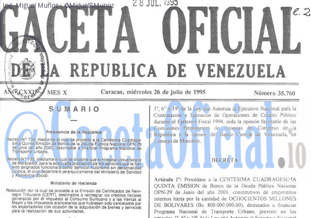 Gaceta Oficial 35760 del 26 Julio 1995