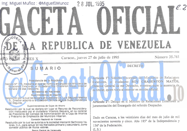 Gaceta Oficial 35761 del 27 Julio 1995