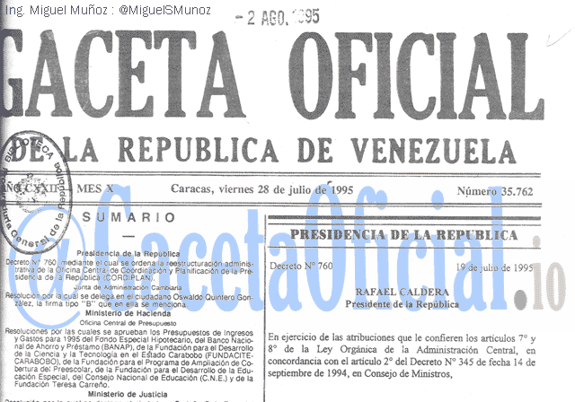 Gaceta Oficial 35762 del 28 Julio 1995