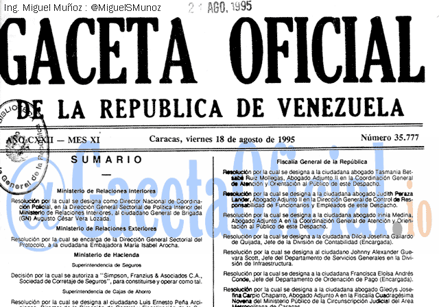 Gaceta Oficial 35777 del 18 Agosto 1995
