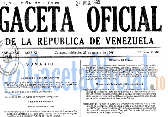 Gaceta Oficial 35780 del 23 Agosto 1995