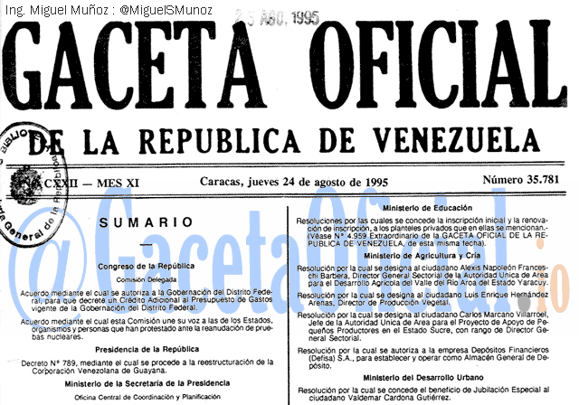 Gaceta Oficial 35781 del 24 Agosto 1995