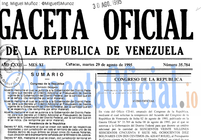 Gaceta Oficial 35784 del 29 Agosto 1995