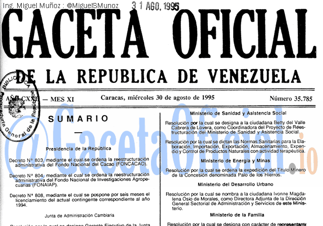 Gaceta Oficial 35785 del 30 Agosto 1995