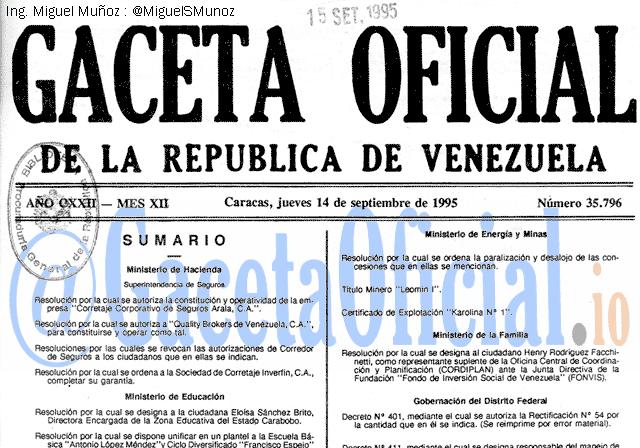 Gaceta Oficial 35796 del 14 Septiembre 1995