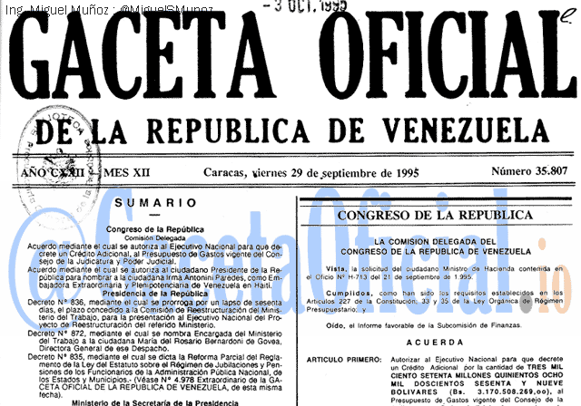 Gaceta Oficial 35807 del 29 Septiembre 1995