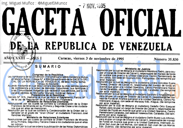 Gaceta Oficial 35830 del 3 Noviembre 1995