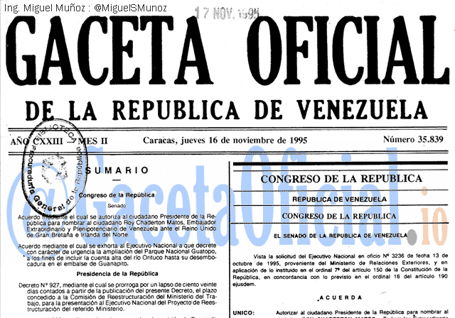 Gaceta Oficial 35839 del 16 Noviembre 1995