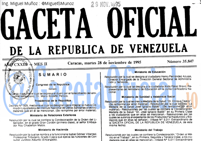Gaceta Oficial 35847 del 28 Noviembre 1995