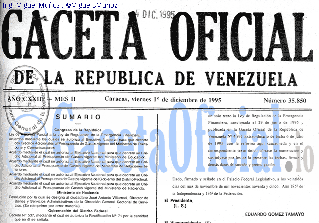 Gaceta Oficial 35850 del 1 Diciembre 1995