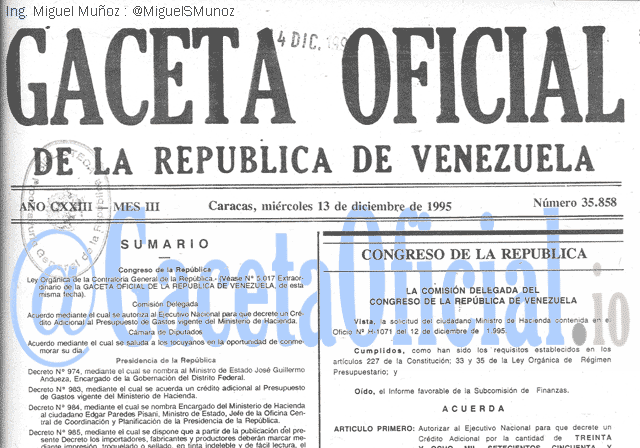 Gaceta Oficial 35858 del 13 Diciembre 1995