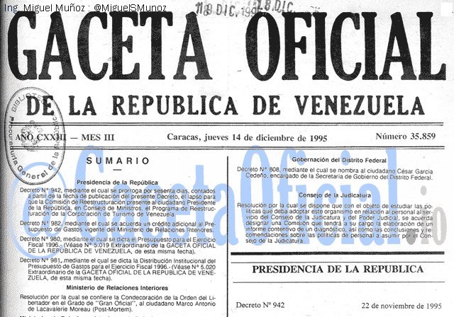 Gaceta Oficial 35859 del 14 Diciembre 1995