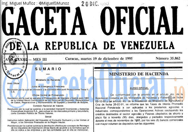 Gaceta Oficial 35862 del 19 Diciembre 1995