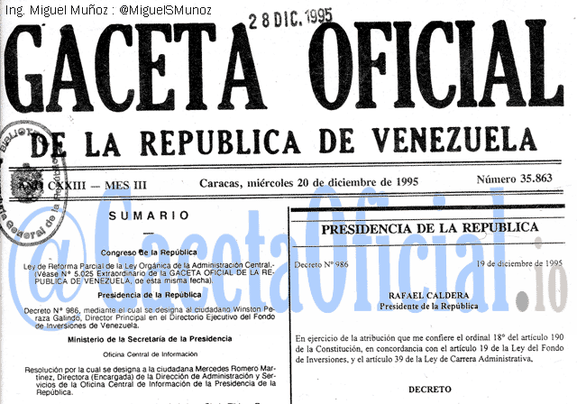 Gaceta Oficial 35863 del 20 Diciembre 1995