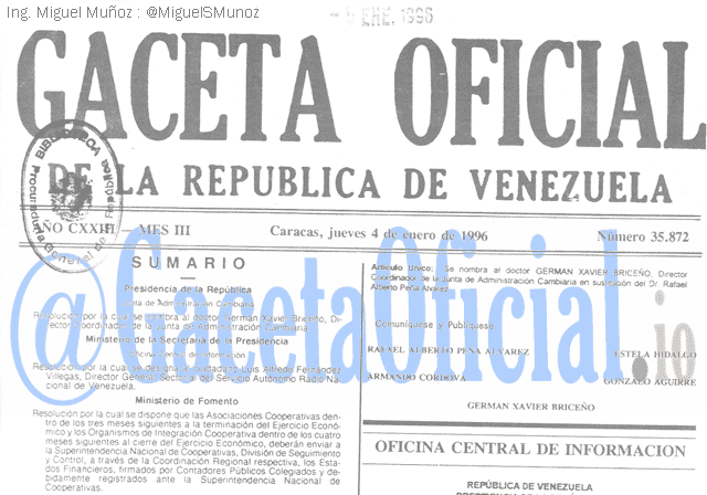 Gaceta Oficial 35872 del 4 Enero 1996