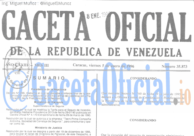 Gaceta Oficial 35873 del 5 Enero 1996