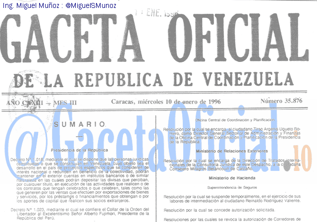 Gaceta Oficial 35876 del 10 Enero 1996