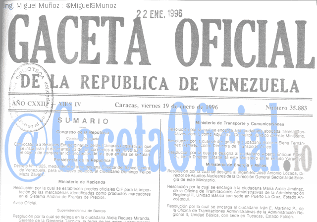 Gaceta Oficial 35883 del 19 Enero 1996