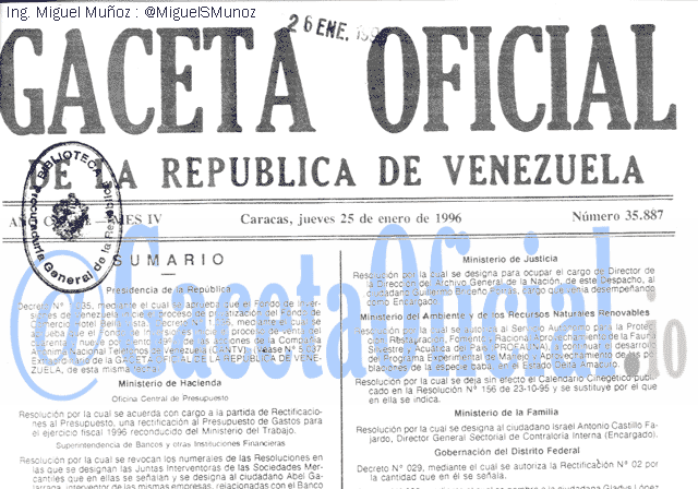 Gaceta Oficial 35887 del 25 Enero 1996