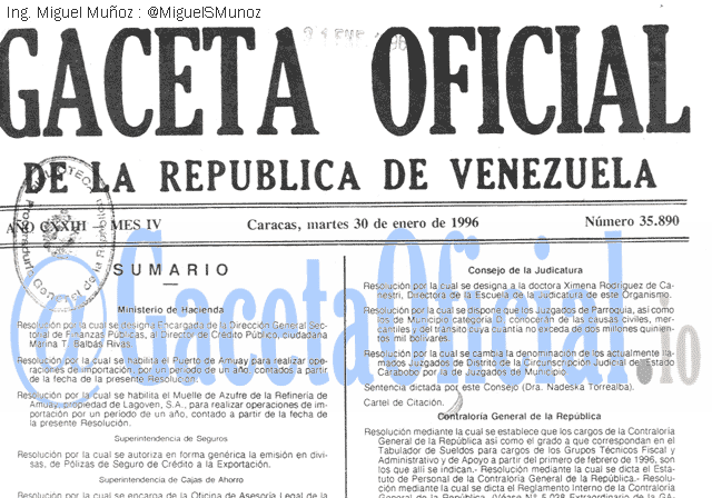 Gaceta Oficial 35890 del 30 Enero 1996