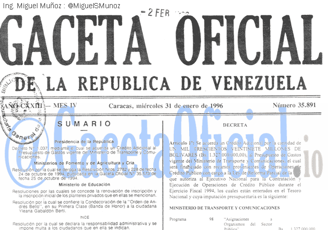 Gaceta Oficial 35891 del 31 Enero 1996