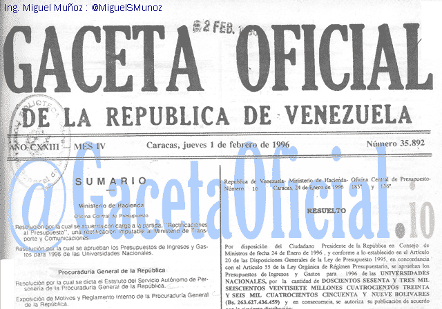 Gaceta Oficial 35892 del 1 Febrero 1996