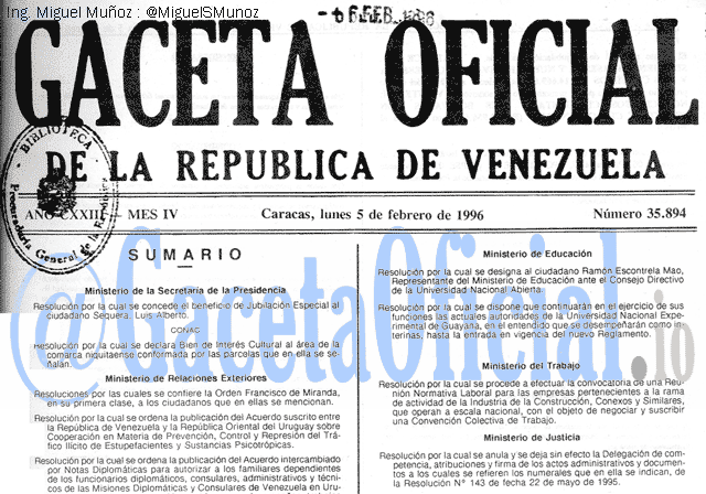 Gaceta Oficial 35894 del 5 Febrero 1996