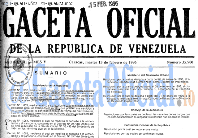 Gaceta Oficial 35900 del 13 Febrero 1996