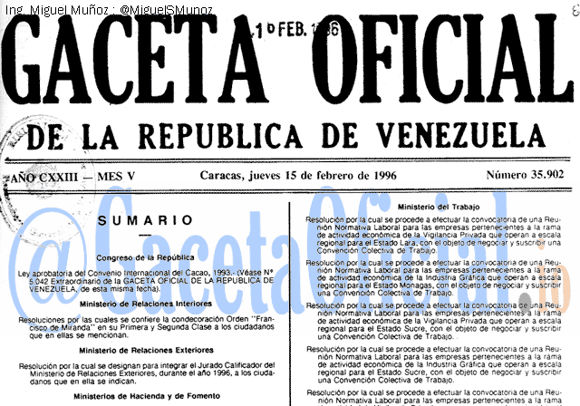 Gaceta Oficial 35902 del 15 Febrero 1996