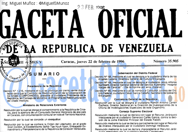 Gaceta Oficial 35905 del 22 Febrero 1996