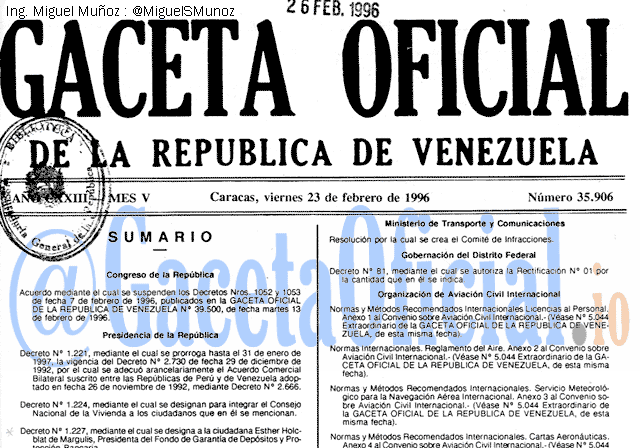 Gaceta Oficial 35906 del 23 Febrero 1996