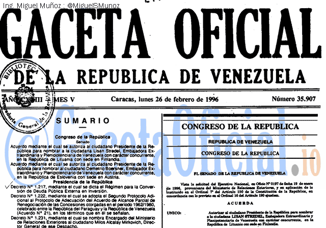 Gaceta Oficial 35907 del 26 Febrero 1996