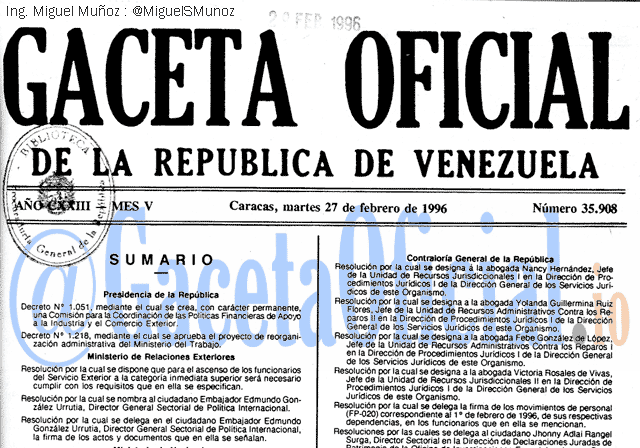 Gaceta Oficial 35908 del 27 Febrero 1996