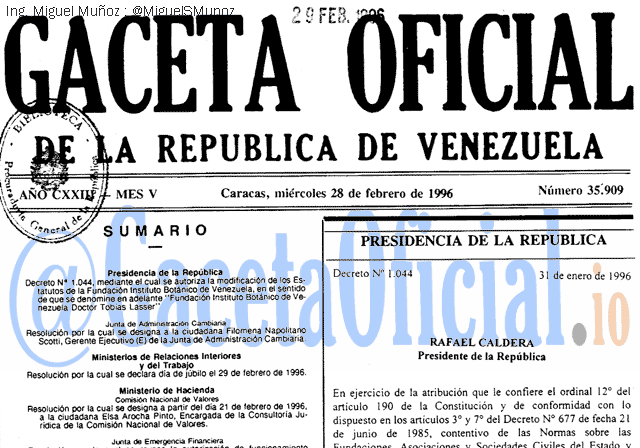 Gaceta Oficial 35909 del 28 Febrero 1996