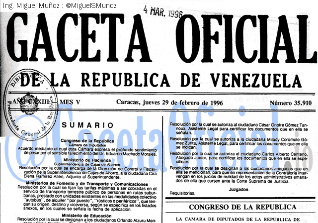 Gaceta Oficial 35910 del 29 Febrero 1996