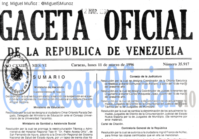 Gaceta Oficial 35917 del 11 Marzo 1996