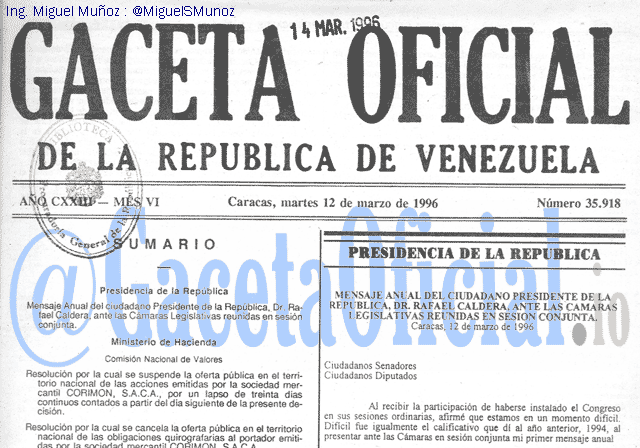 Gaceta Oficial 35918 del 12 Marzo 1996