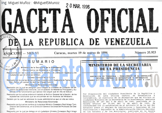 Gaceta Oficial 35923 del 19 Marzo 1996