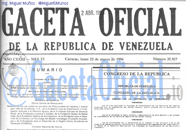 Gaceta Oficial 35927 del 25 Marzo 1996