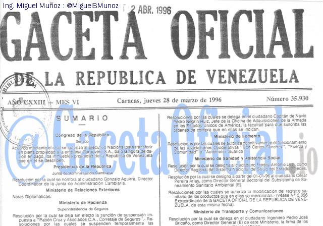 Gaceta Oficial 35930 del 28 Marzo 1996
