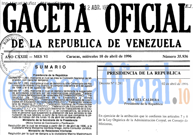 Gaceta Oficial 35936 del 10 Abril 1996
