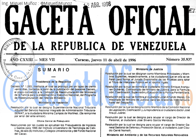 Gaceta Oficial 35937 del 11 Abril 1996