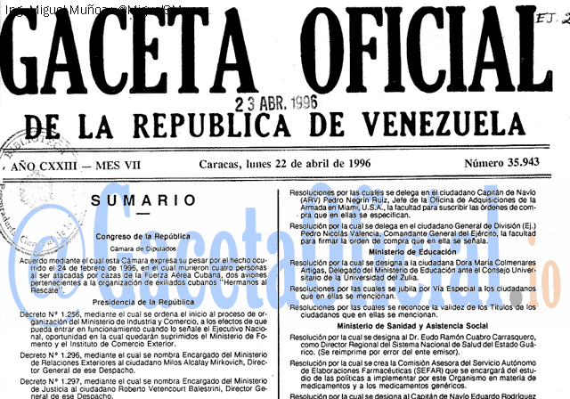 Gaceta Oficial 35943 del 22 Abril 1996